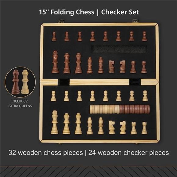 15" Wooden Chess Sets - Chess & Checkers Board Game | with 2 Extra Queens - Picture 3 of 7